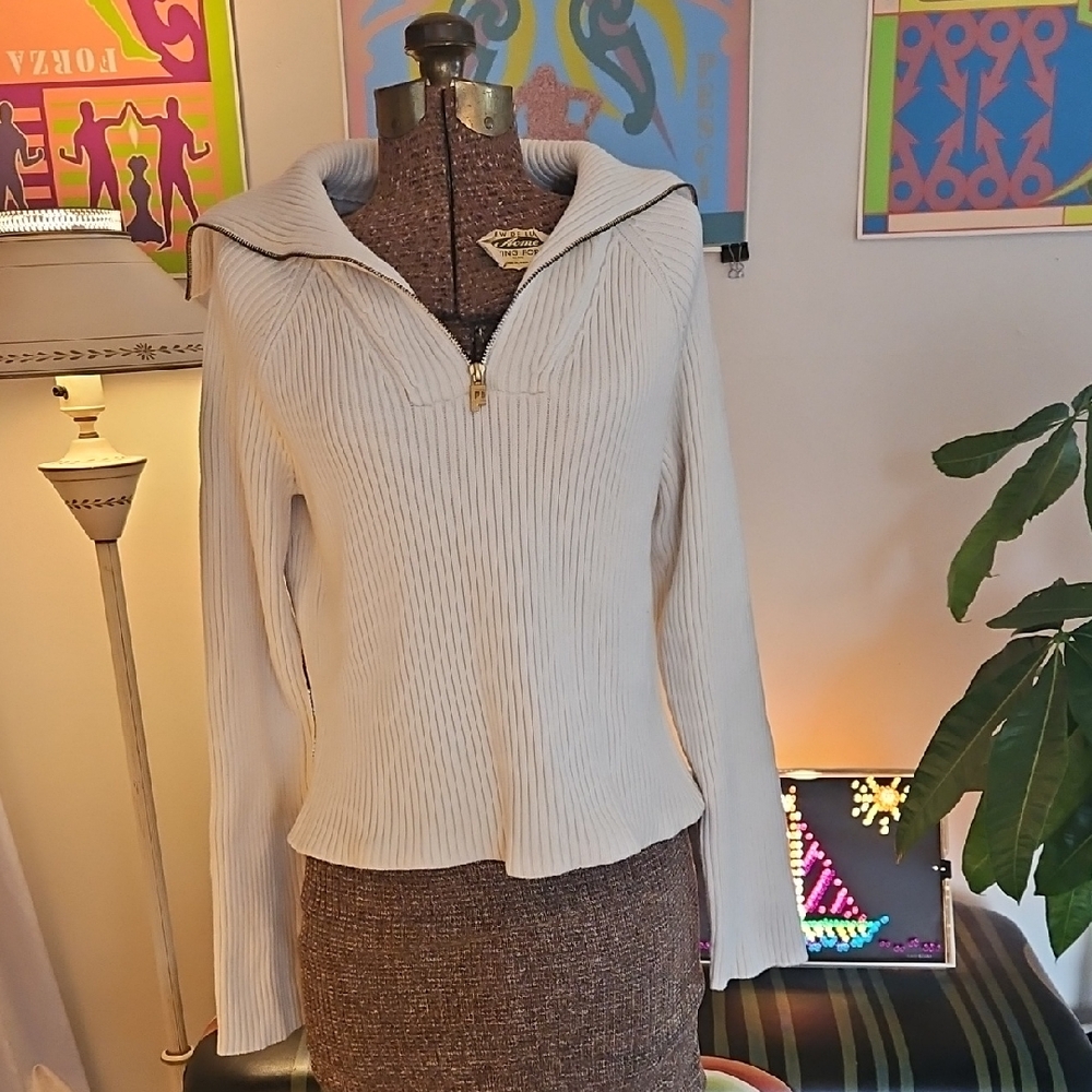 Vintage 1990s Ralph Lauren Heavy Ribbed Knit Cotton 3/4 Zip Cowl Neck Sweater XL